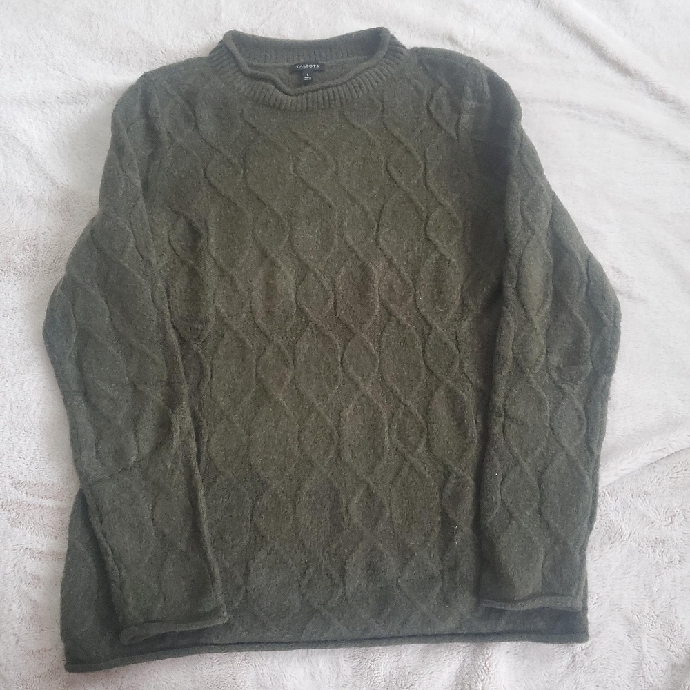 TALBOTS OLIVE GREEN CABLE KNIT CREWNECK PULLOVER SWEATER - LARGE